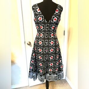 Small Embroidered Black Red vintage Floral Midi Dress Fit and Flare gown